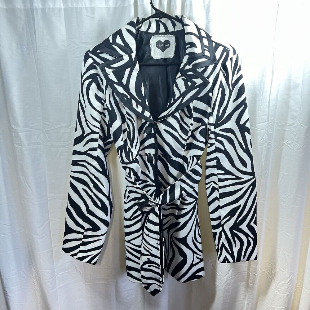 Heart Soul Zebra Print Belted Trench Coat Cruella Core Womens M Y2K Indie Sleaze